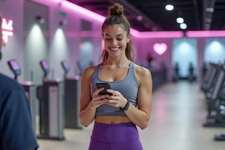 Femme en tenue de sport consultant son abonnement Basic Fit sans engagement sur smartphone à la réception d'une salle de sport moderne en France