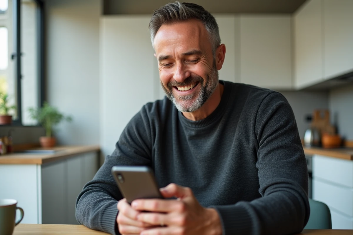 Homme accédant à ses services de santé en ligne via smartphone depuis son domicile