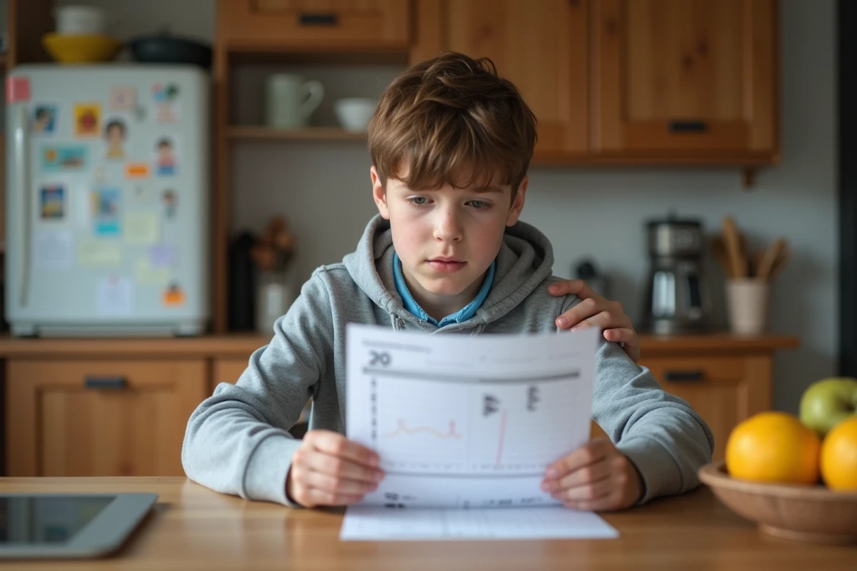 Jugendlicher und Elternteil, die ein Schulzeugnis mit einer Note von 14 von 20 zu Hause überprüfen