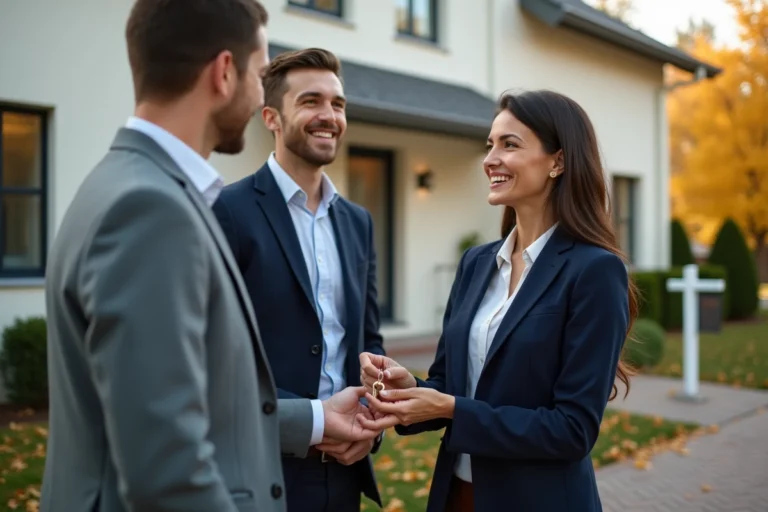 Agent immobilière remettant les clés d'une maison à un jeune couple lors d'une transaction immobilière réussie