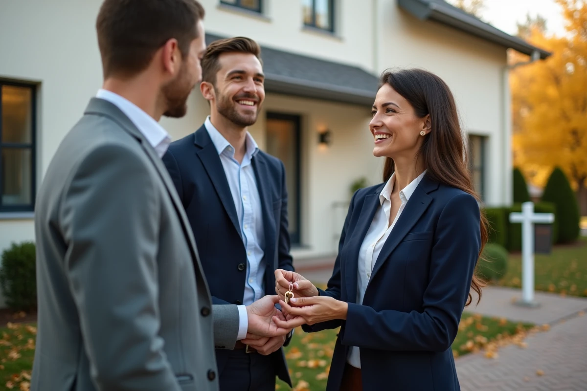 Agent immobilière remettant les clés d'une maison à un jeune couple lors d'une transaction immobilière réussie