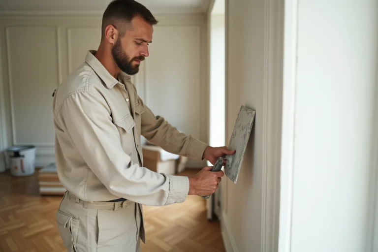 Artisan appliquant de l'enduit blanc sur un mur lors de travaux de rénovation intérieure dans un appartement haussmannien