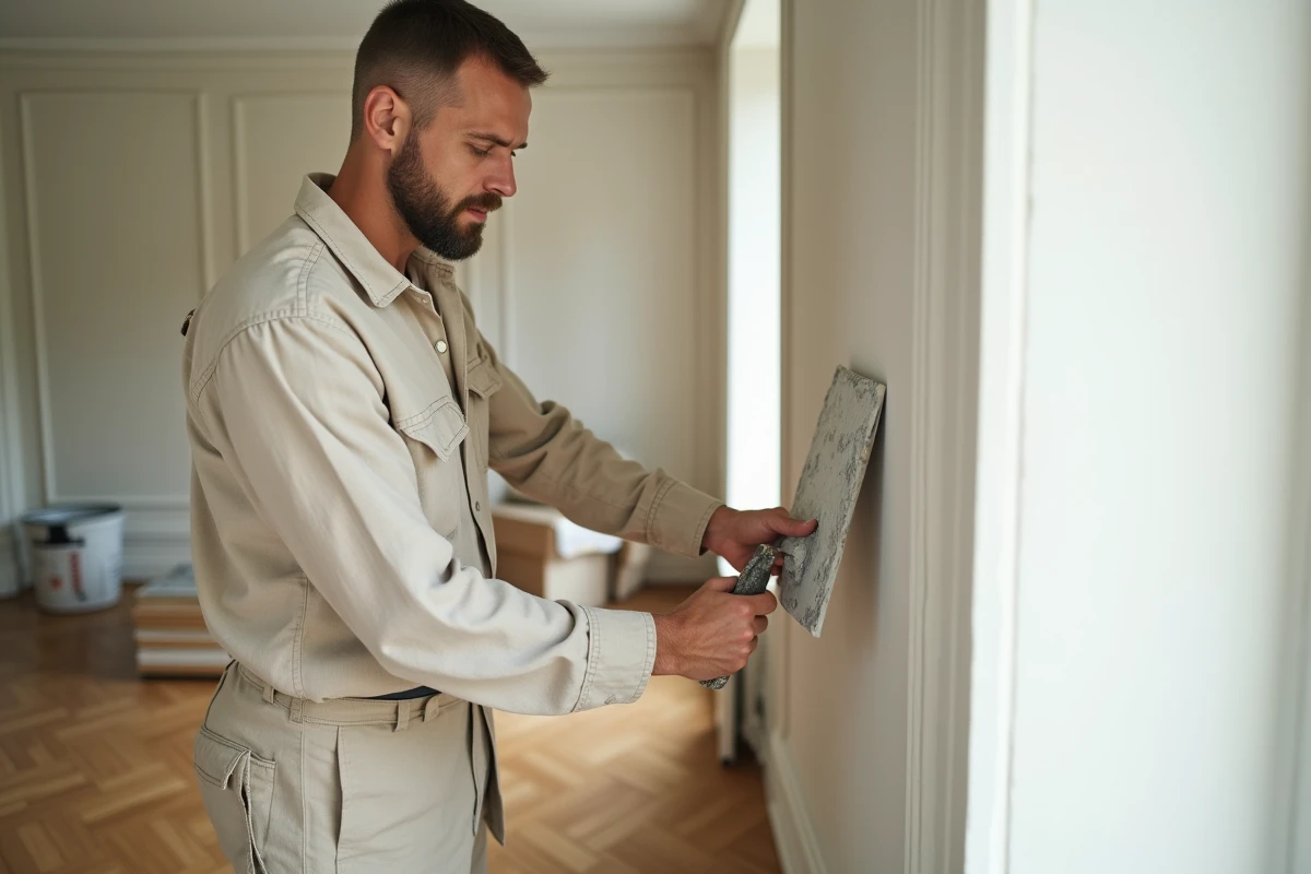 Artisan appliquant de l'enduit blanc sur un mur lors de travaux de rénovation intérieure dans un appartement haussmannien