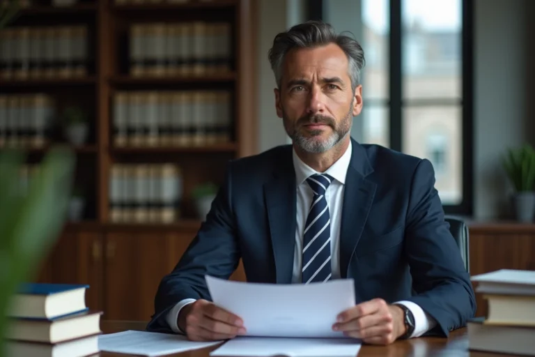 Avocat en costume dans un bureau moderne avec documents juridiques