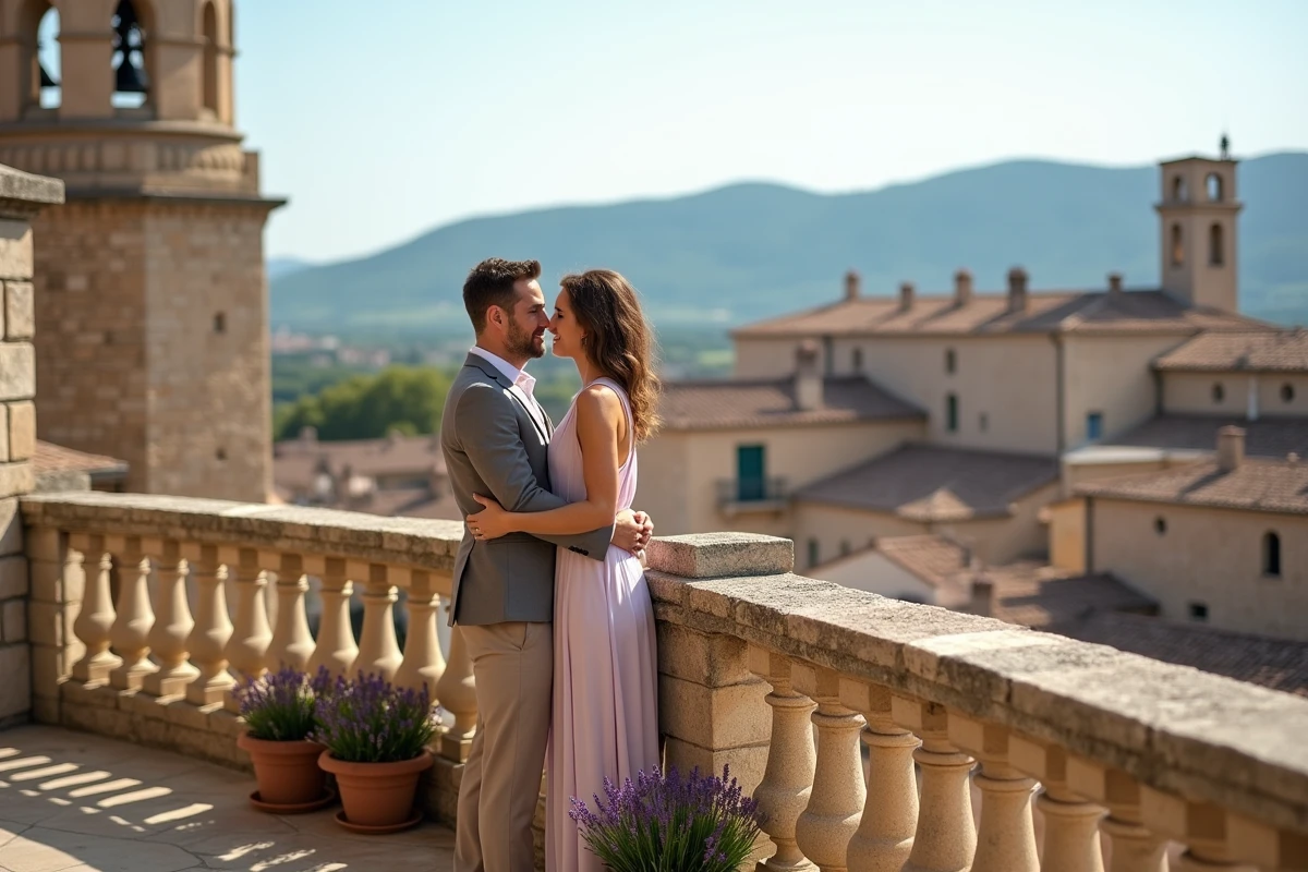Couple romantique sur le balcon d'un hôtel boutique avec vue sur un village provençal et des champs de lavande en PACA