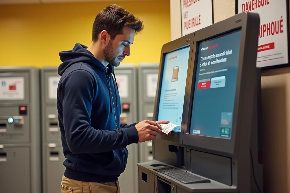 Homme utilisant une borne libre-service pour déposer un colis Chronopost dans un bureau de La Poste