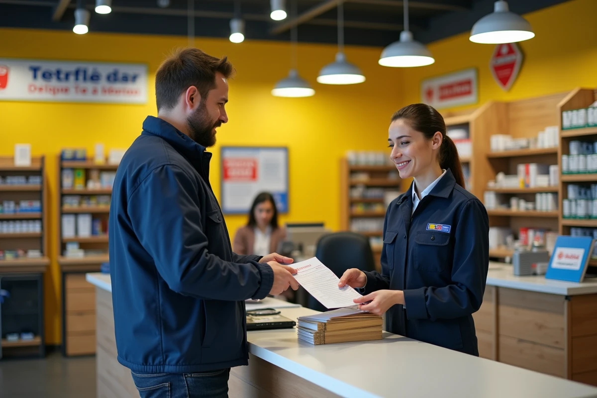 Homme déposant un formulaire de changement d'adresse temporaire au guichet d'un bureau de poste