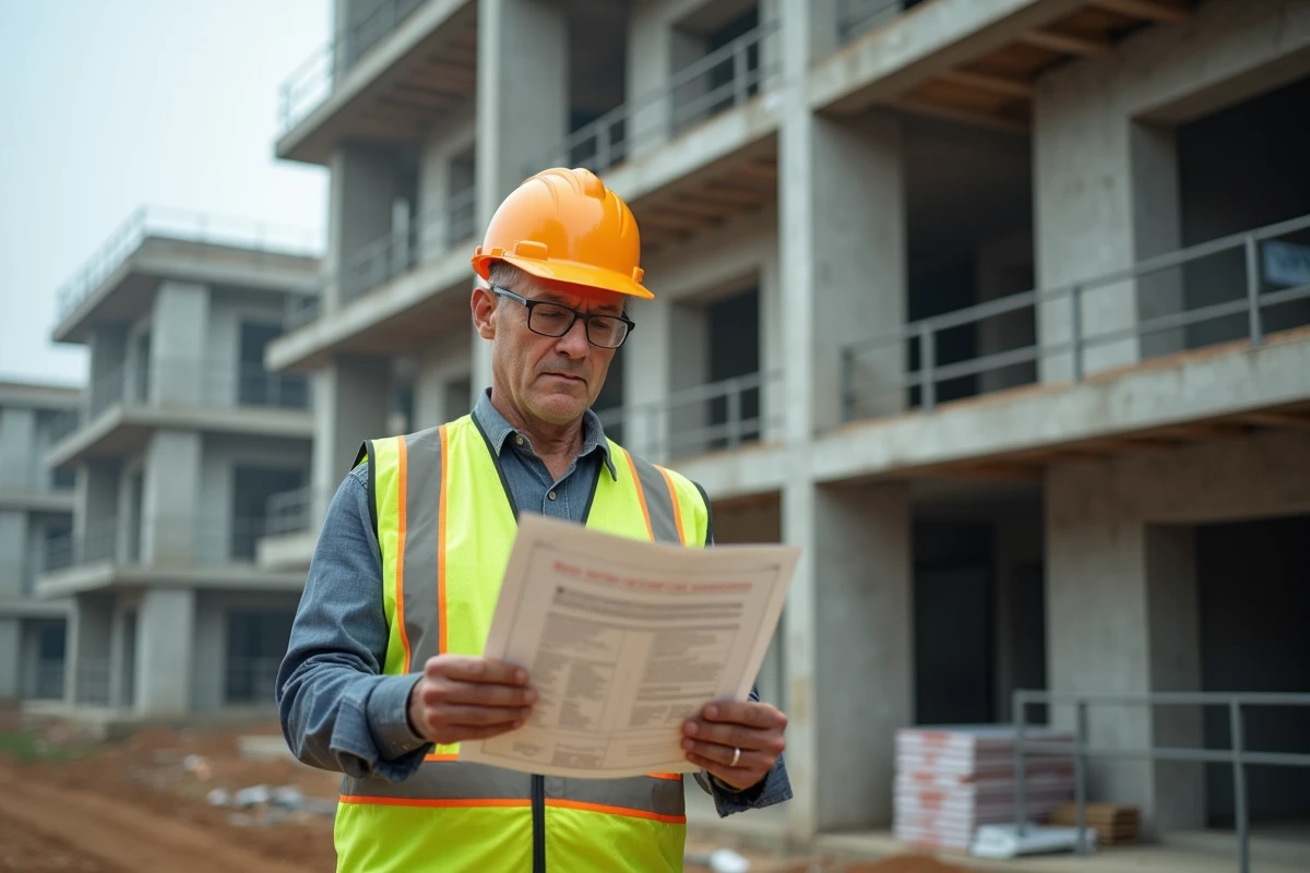 Chef de chantier en gilet fluorescent consultant un contrat de révision de prix lié à l'indice BT47 devant un immeuble en construction