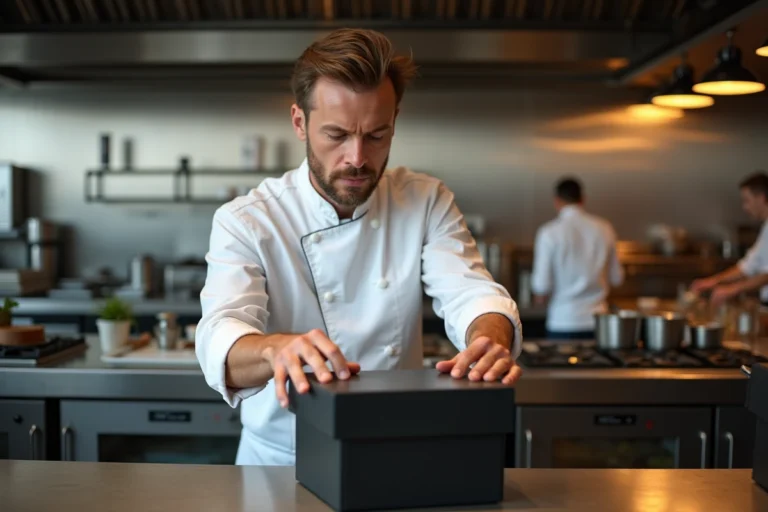 Chef cuisinier préparant un repas gastronomique à emporter dans un restaurant haut de gamme