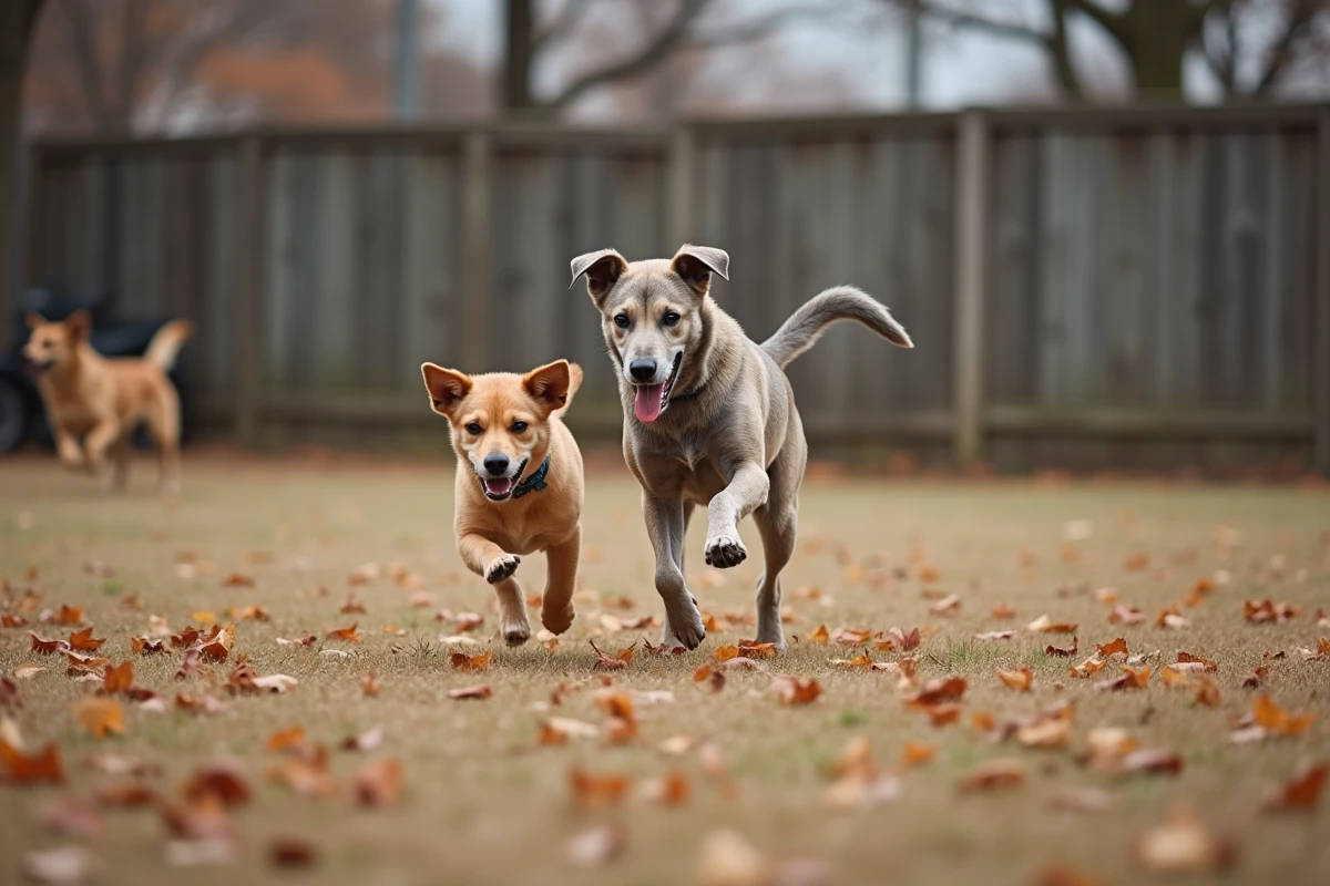 Deux chiens de races différentes jouant librement dans un parc canin en automne, illustrant le comportement social et l'exercice des chiens