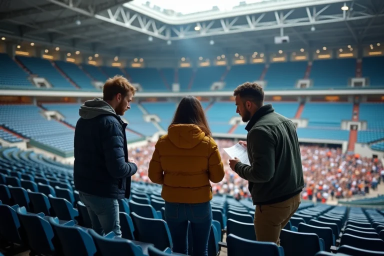 Groupe de spectateurs consultant un plan de salle pour choisir leurs places dans une grande salle de concert style Bercy Arena