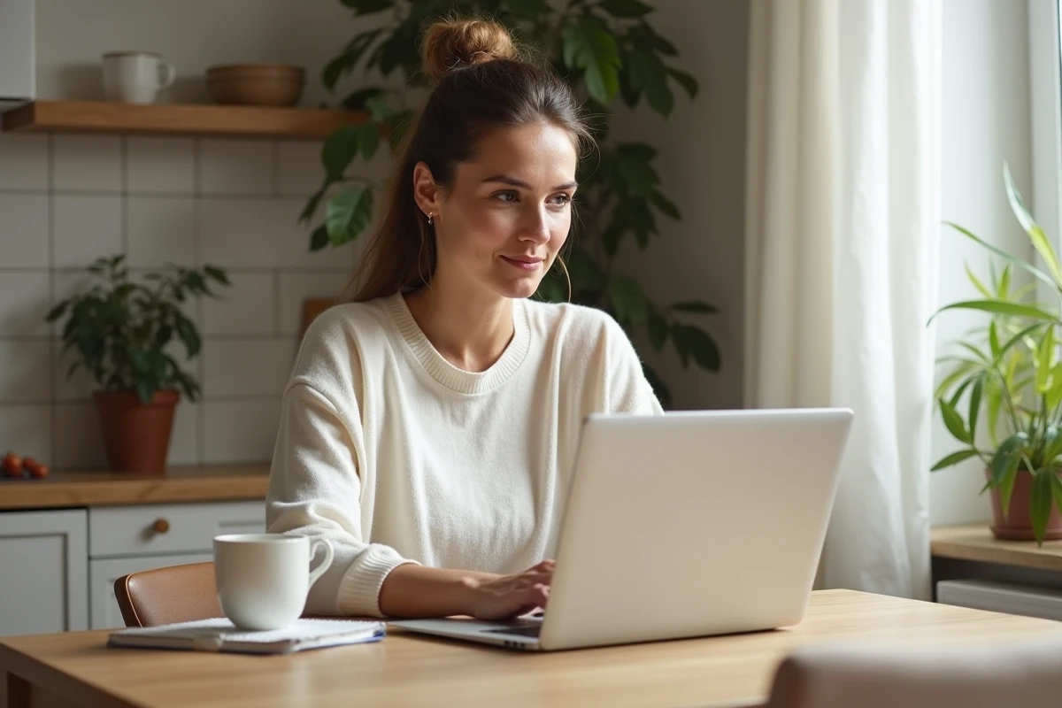 Femme à son domicile en France comparant les offres d'abonnement Basic Fit sans engagement sur un ordinateur portable