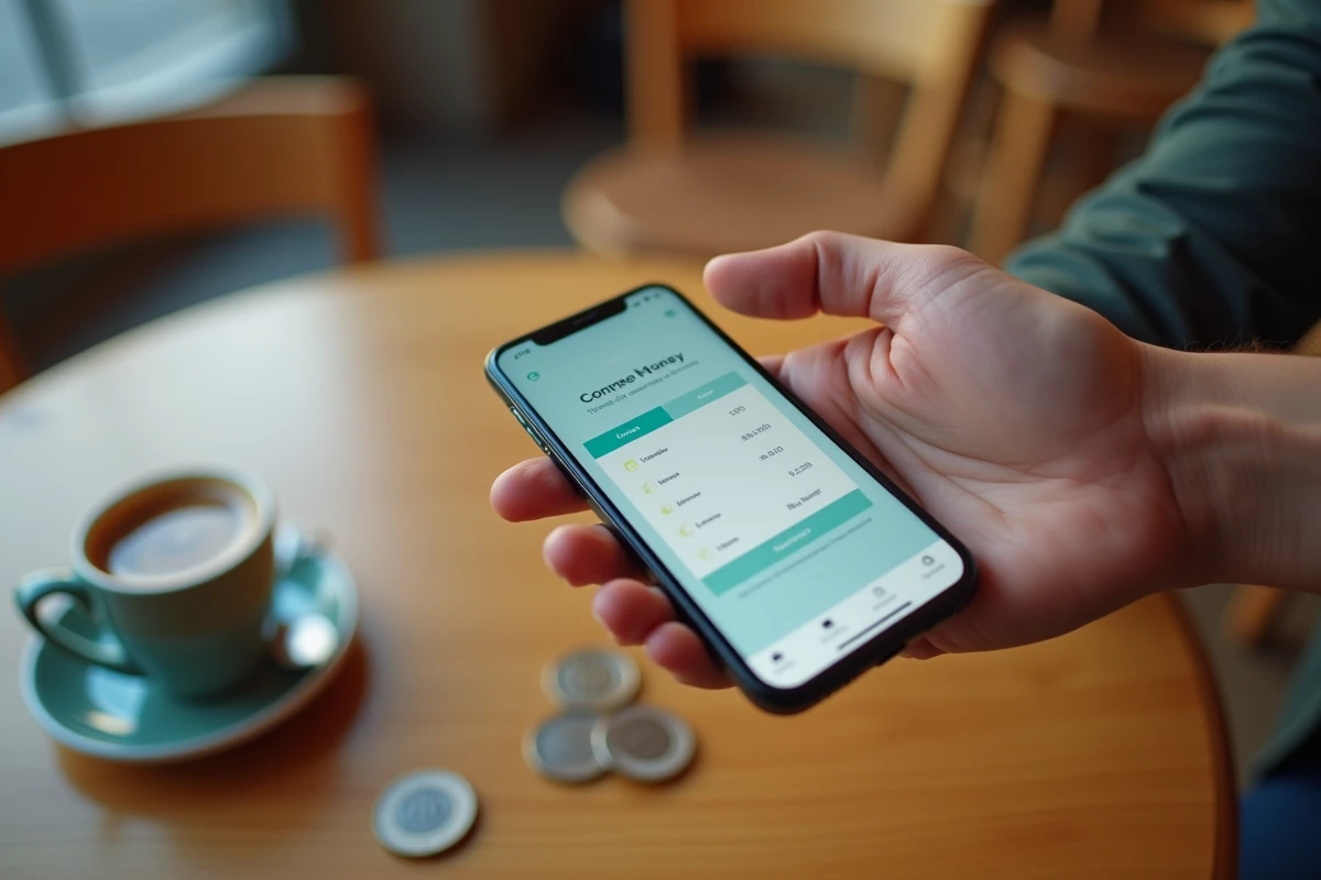Mains tenant un smartphone affichant une confirmation de transfert d'argent international par application mobile