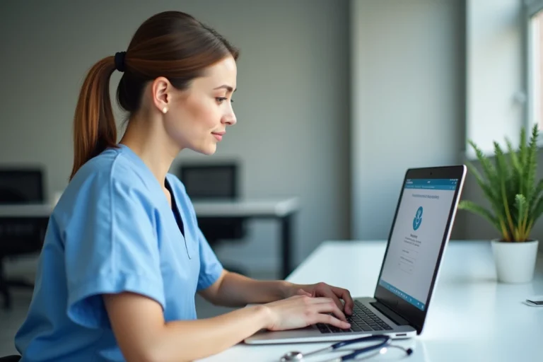 Professionnelle de santé connectée à la plateforme Sides Santé sur un ordinateur portable dans un bureau médical moderne
