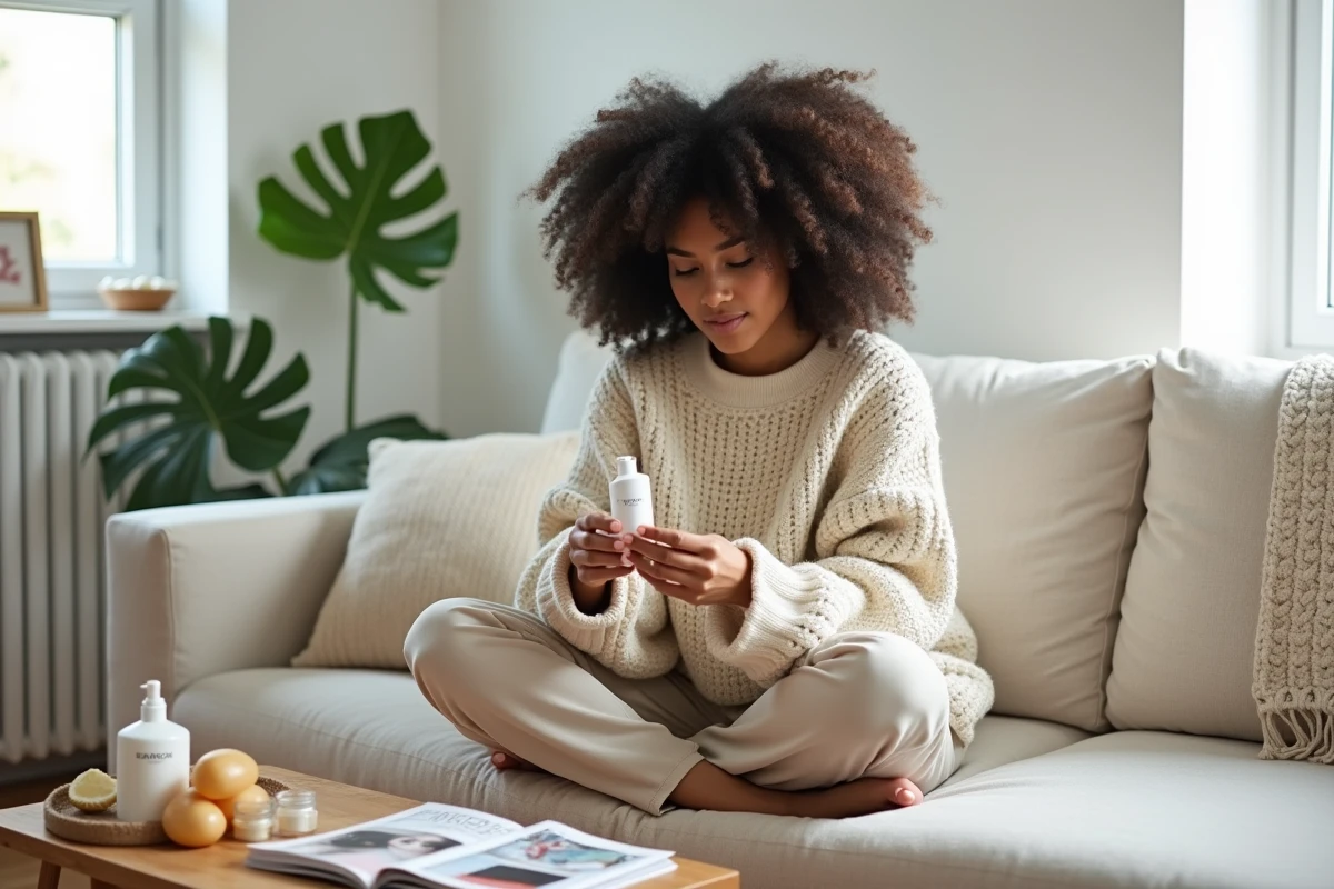Jeune femme aux cheveux bouclés lisant l'étiquette d'un produit beauté dans un salon minimaliste