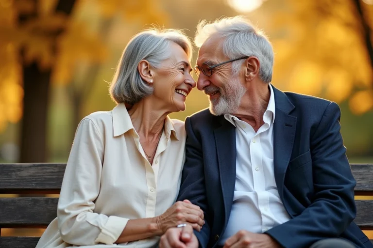Couple de seniors heureux tenant la main sur un banc dans un parc en automne, illustrant le mariage après 70 ans