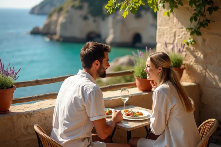 Couple en amoureux attablé en terrasse face à la mer en Provence, escapade romantique en PACA