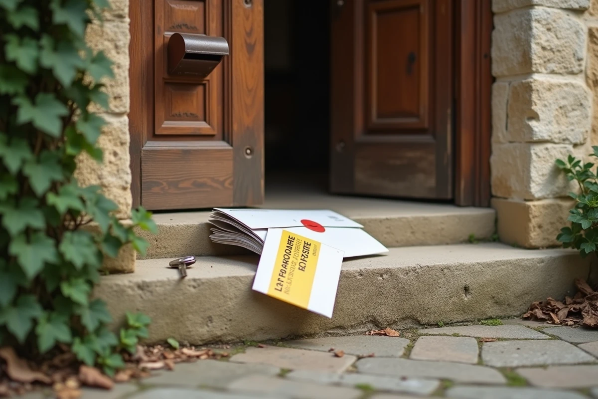 Enveloppes réexpéditées avec étiquette de réexpédition La Poste sur le pas de porte d'une maison française