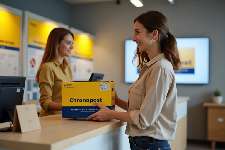 Femme déposant un colis Chronopost au guichet d'un bureau de La Poste en France