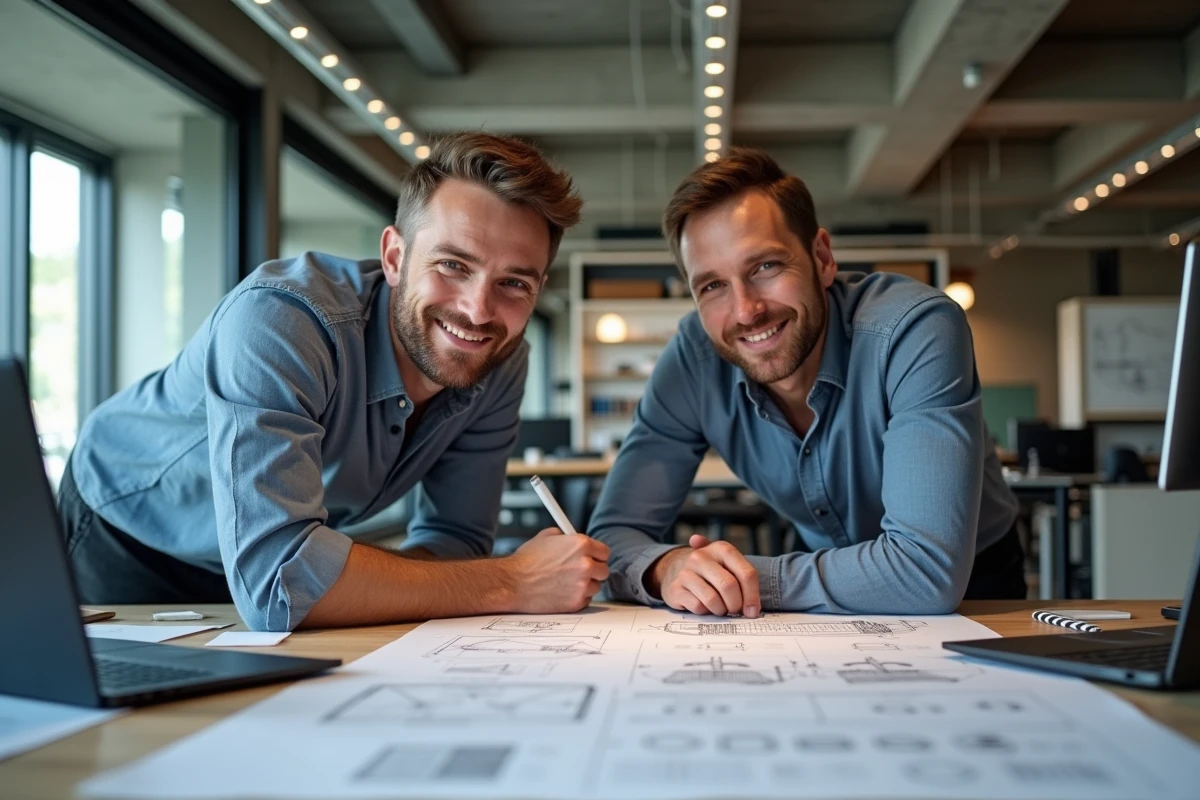 Deux designers industriels collaborant sur des prototypes et des modèles CAO dans un laboratoire d'innovation moderne