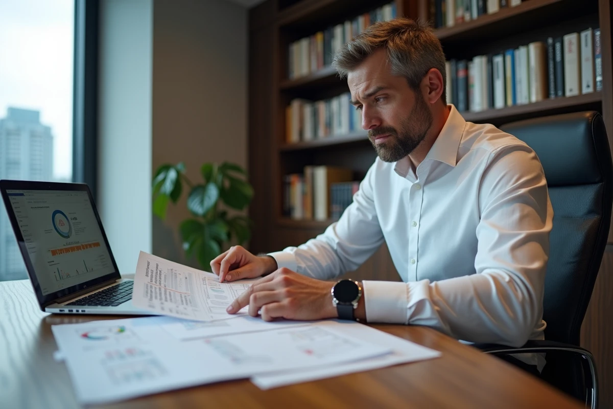 Directeur commercial analysant des rapports de conversion de leads et un tableau de bord CRM dans un bureau moderne