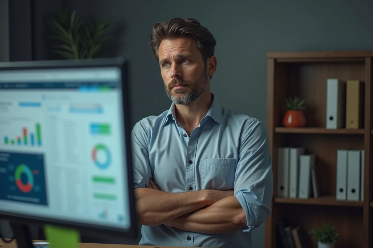 Mann ehemaliger MLM-Vertriebspartner schaut mit einer desillusionierten Miene auf einen Computerbildschirm in einem überfüllten Homeoffice
