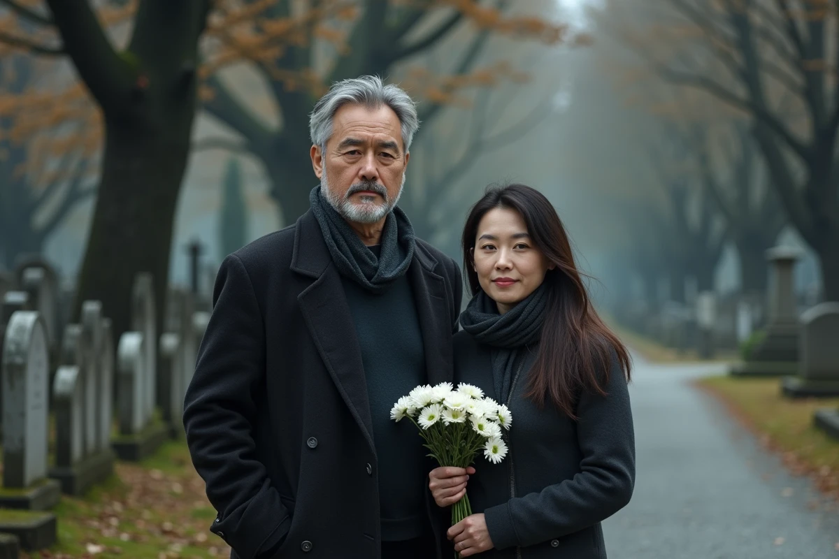 Frère et sœur adultes au cimetière tenant un bouquet de chrysanthèmes blancs en hommage à leur maman disparue