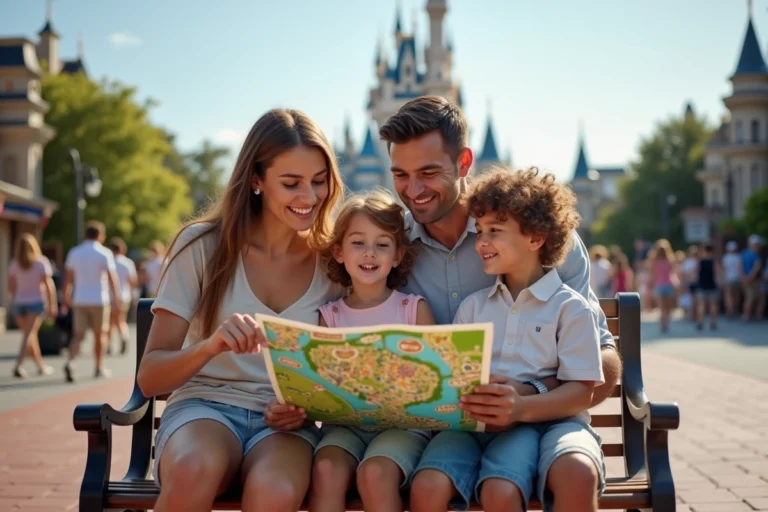 Famille souriante au parc d'attractions avec château