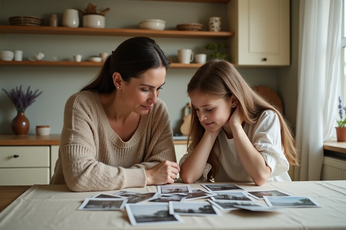 Famille multigénérationnelle autour d'une table regardant de vieilles photos en souvenir d'une maman disparue