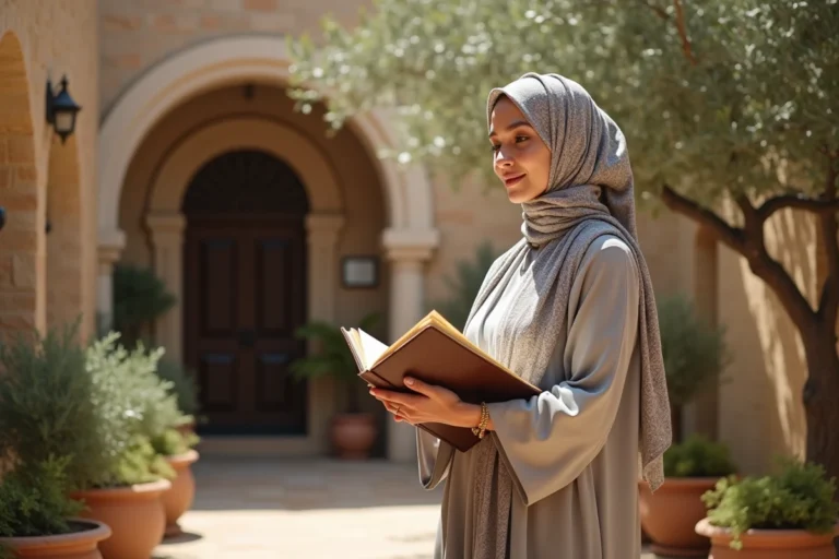 Femme en abaya dans un jardin d'oliviers en plein air
