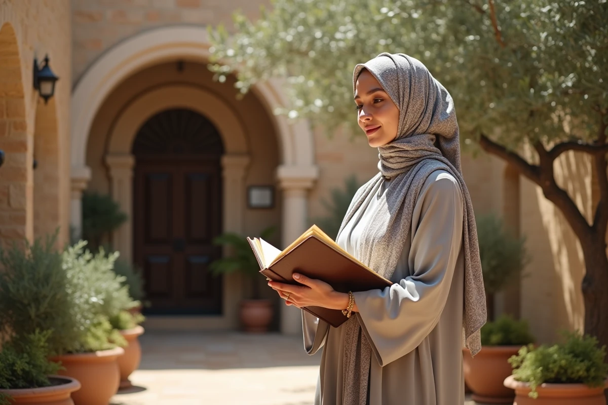 Femme en abaya dans un jardin d'oliviers en plein air