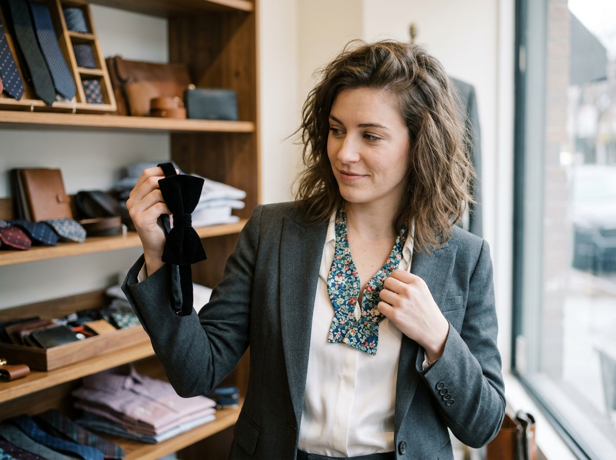 Femme comparant deux noeuds papillon, velours noir et imprimé floral, dans une boutique de mode masculine