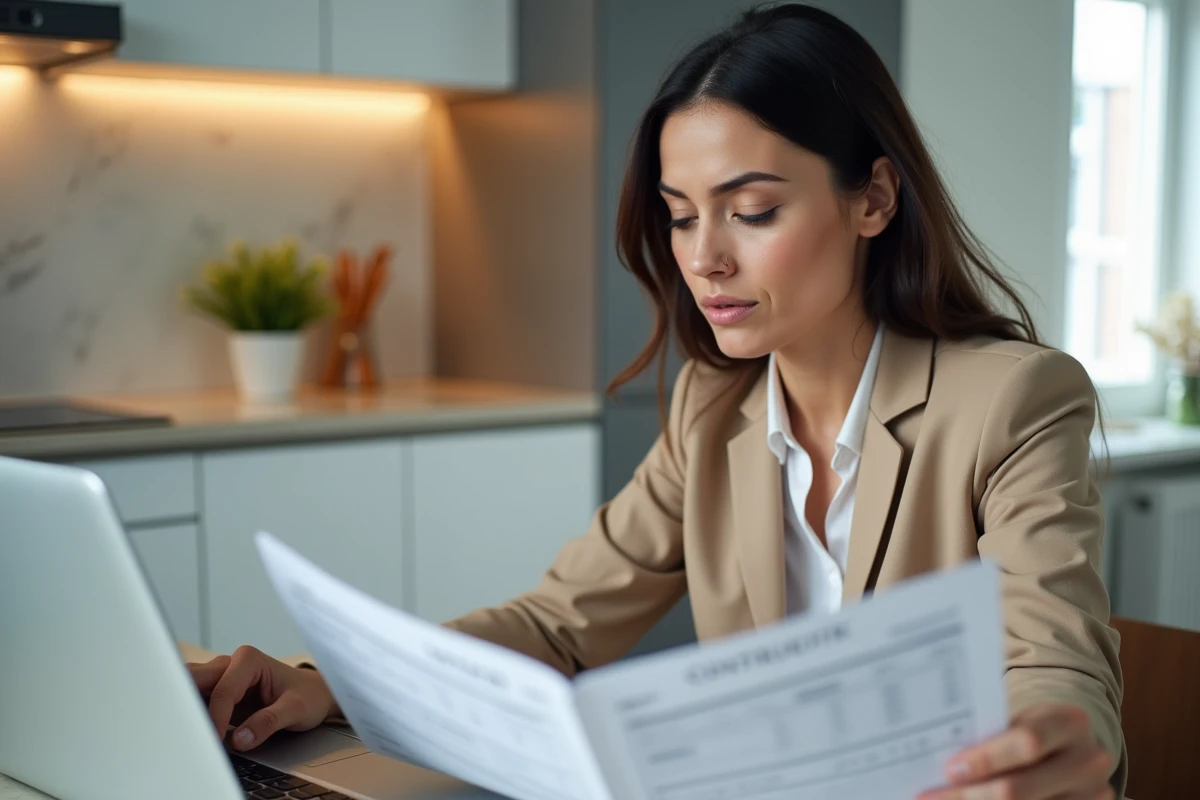 Femme consultant des documents sur l'indice BT47 et un écran d'ordinateur portable dans une cuisine moderne d'appartement
