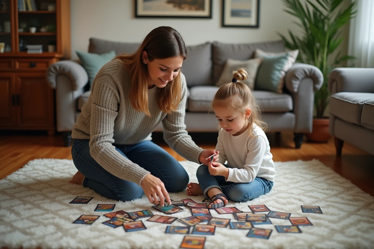 Femme et enfant trient des cartes à la maison dans le salon