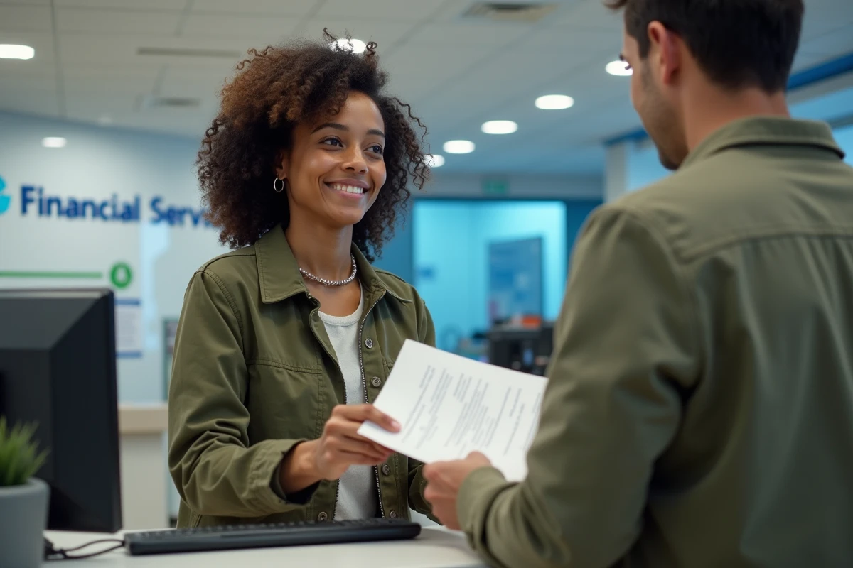 Femme effectuant un envoi de fonds dans une agence de services financiers professionnelle