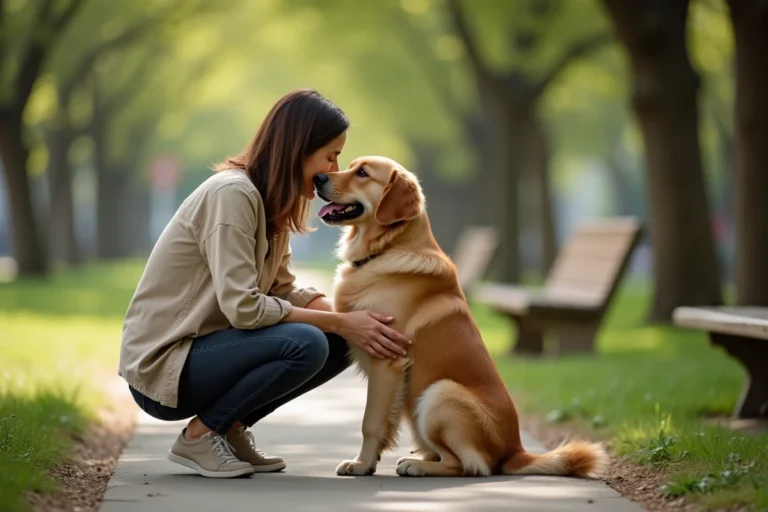 Femme accroupie dans un parc qui câline son golden retriever, illustration de la complicité entre un chien et son maître