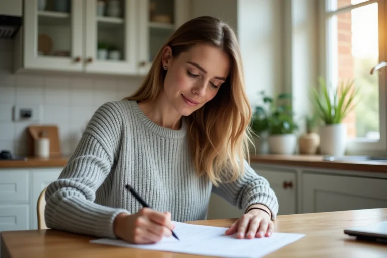 Femme remplissant un formulaire de changement d'adresse pour la CAF à la table de sa cuisine