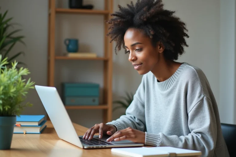 Femme consultant sa boîte mail Gmail sur un ordinateur portable dans un bureau à domicile moderne