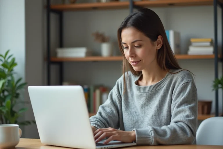 Femme utilisant un portail en ligne sur son ordinateur portable dans un bureau à domicile organisé
