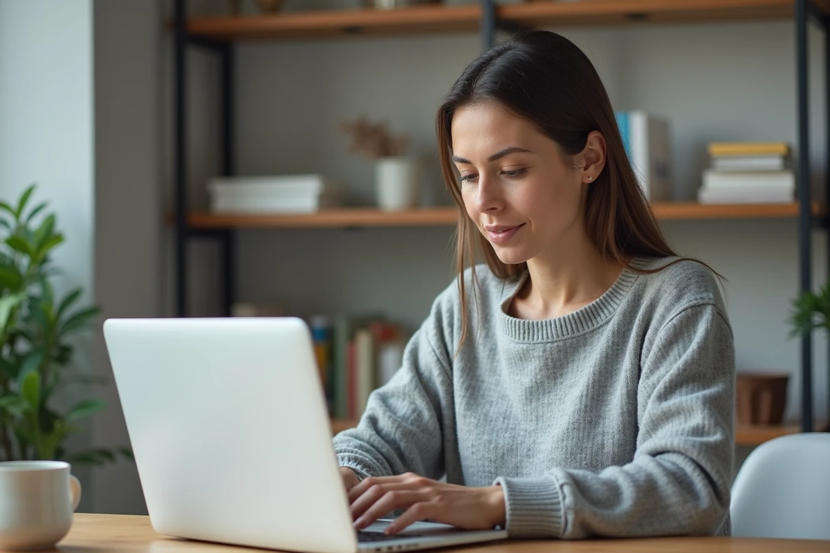Femme utilisant un portail en ligne sur son ordinateur portable dans un bureau à domicile organisé
