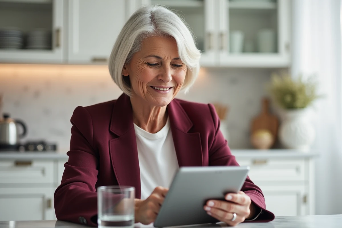 Femme d'âge mûr consultant un portail de gestion en ligne sur une tablette dans sa cuisine