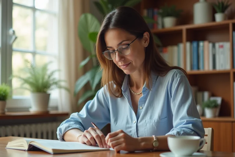 Femme consultant des ressources santé imprimées à son bureau à domicile