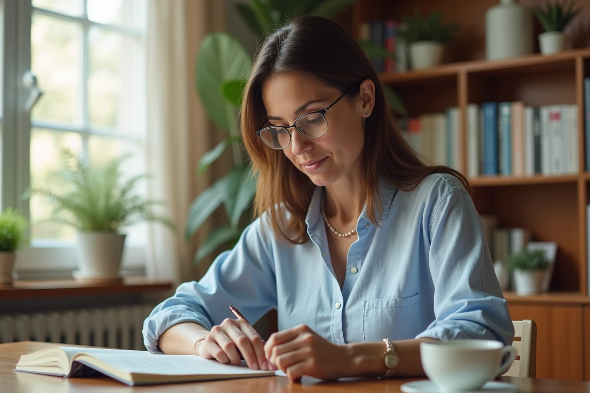 Femme consultant des ressources santé imprimées à son bureau à domicile