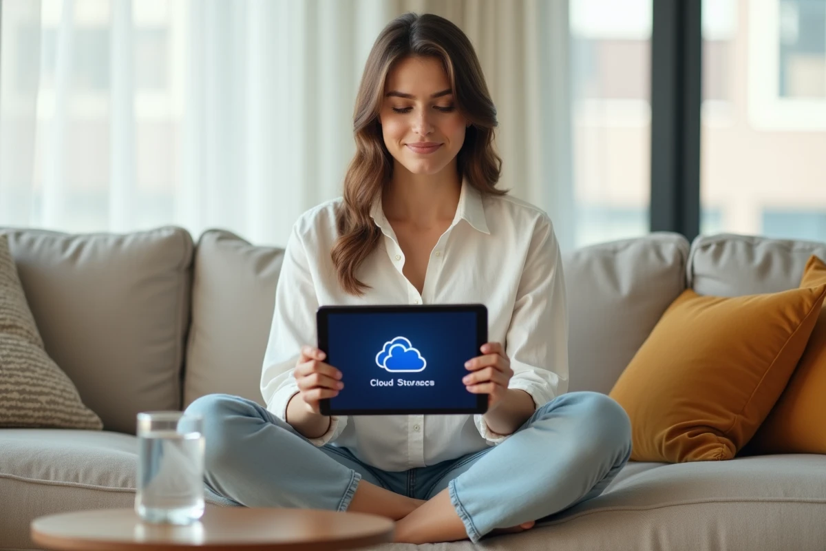 Jonge vrouw die de synchronisatie van haar Gmail-e-mails op OneDrive controleert via een tablet in een moderne woonkamer