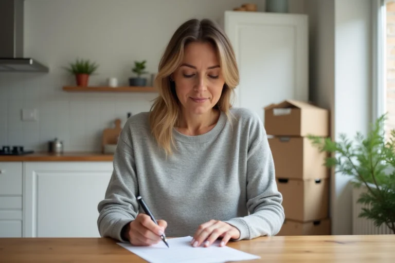 Femme remplissant un formulaire de réexpédition du courrier dans une cuisine avec des cartons de déménagement en arrière-plan
