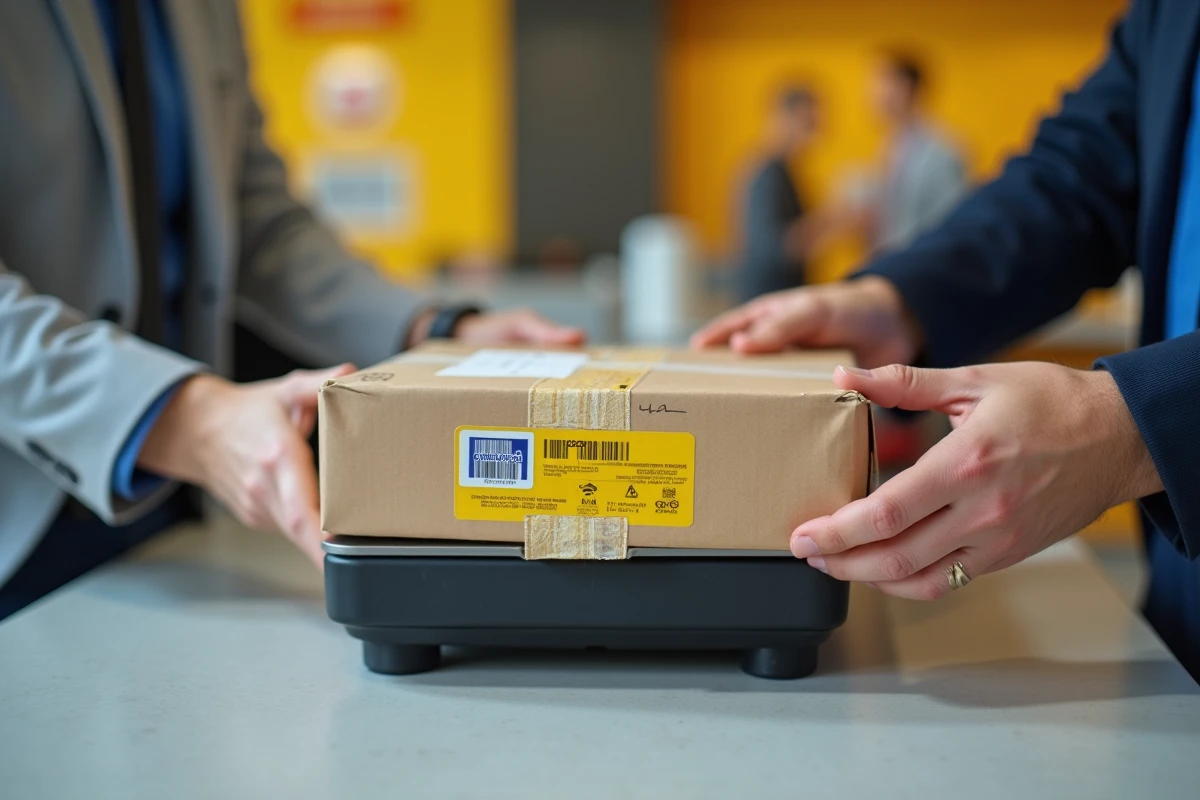 Gros plan sur un colis Chronopost posé sur une balance au comptoir d'un bureau de La Poste