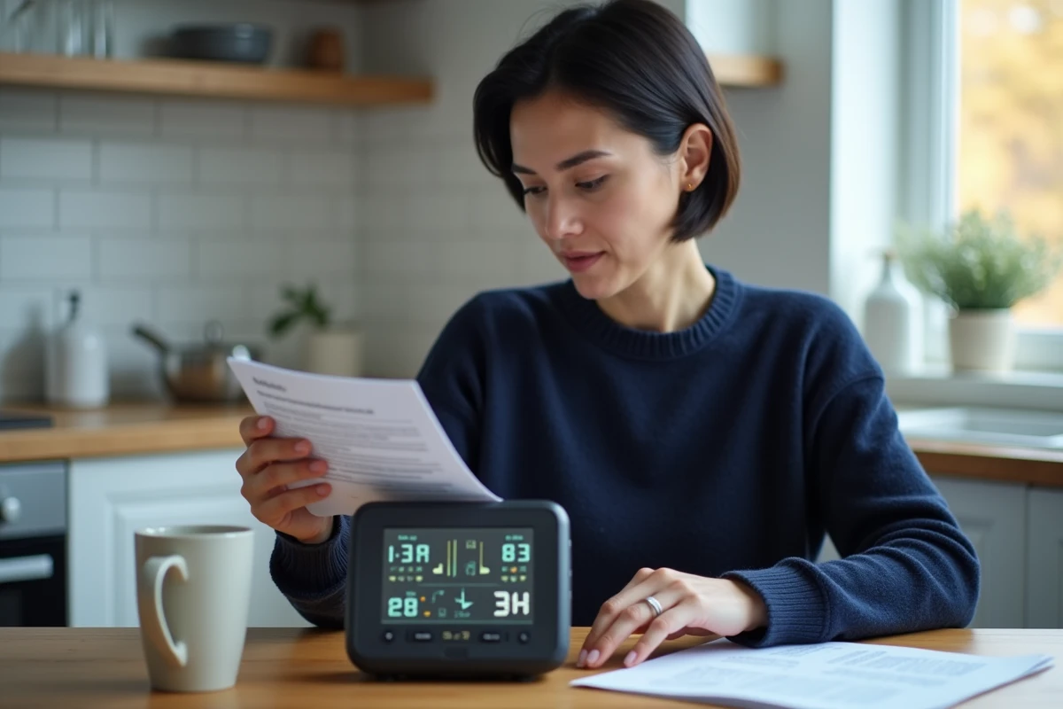 Femme consultant le manuel d'utilisation pour réinitialiser une station météo sans fil sur une table de cuisine