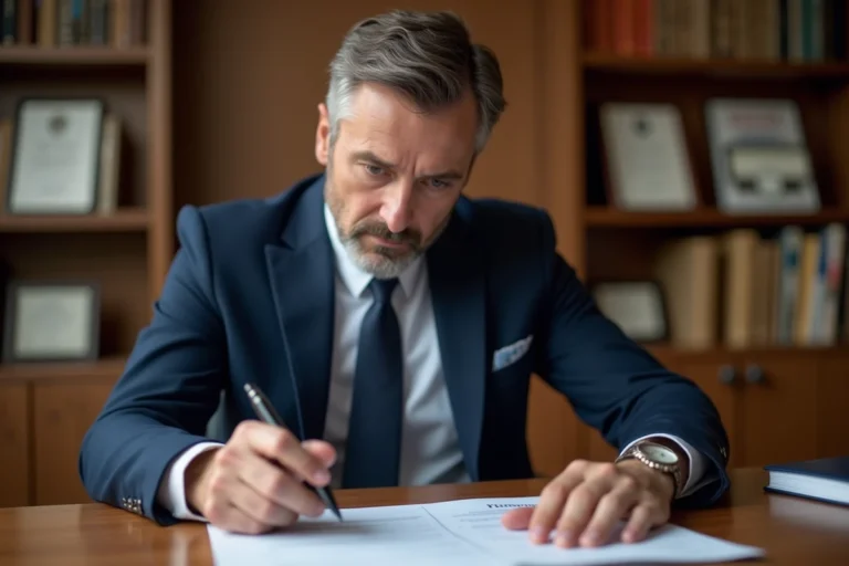 Homme en costume bleu marine examinant un contrat immobilier dans un bureau de notaire, stylo pointant une clause liée à l'indice BT47