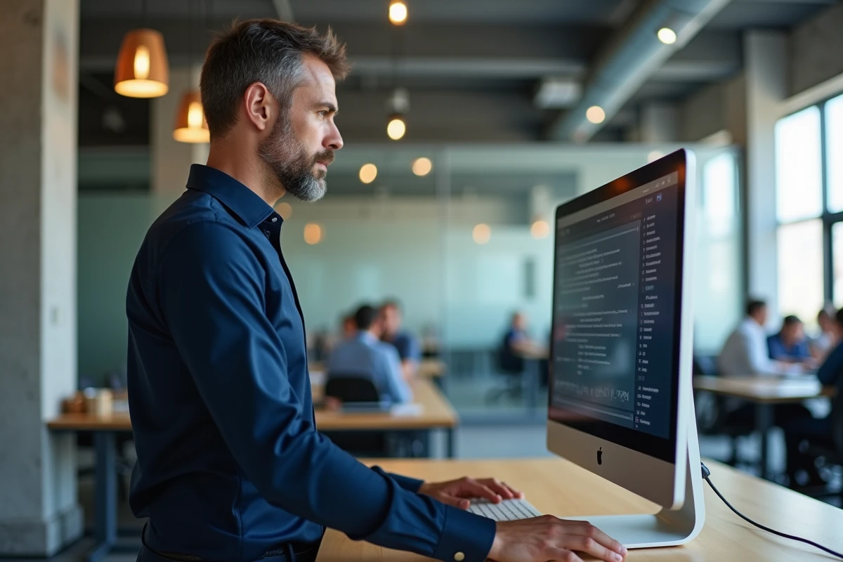 Homme gérant ses services en ligne sur un grand écran dans un open space professionnel moderne