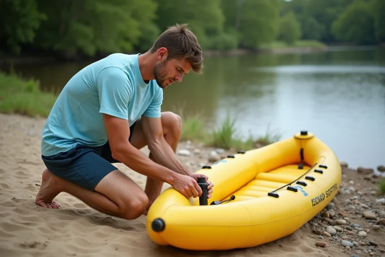 Homme gonflant un kayak gonflable jaune avec une pompe manuelle au bord d'une rivière